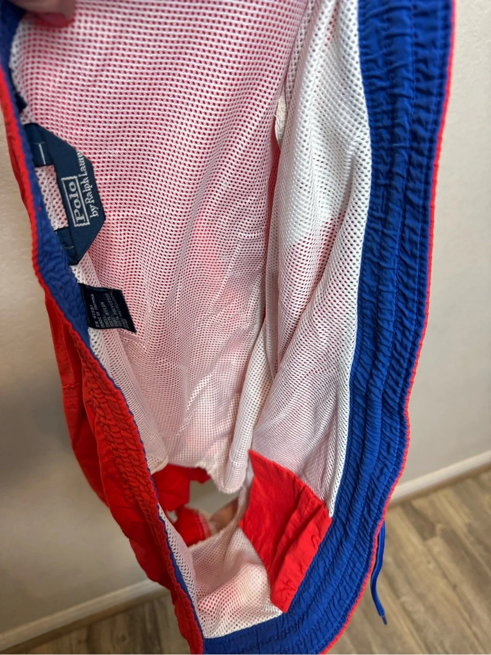 Polo by Ralph Lauren Red Men’s Swim Trunks with Blue Drawstring Flaws size L